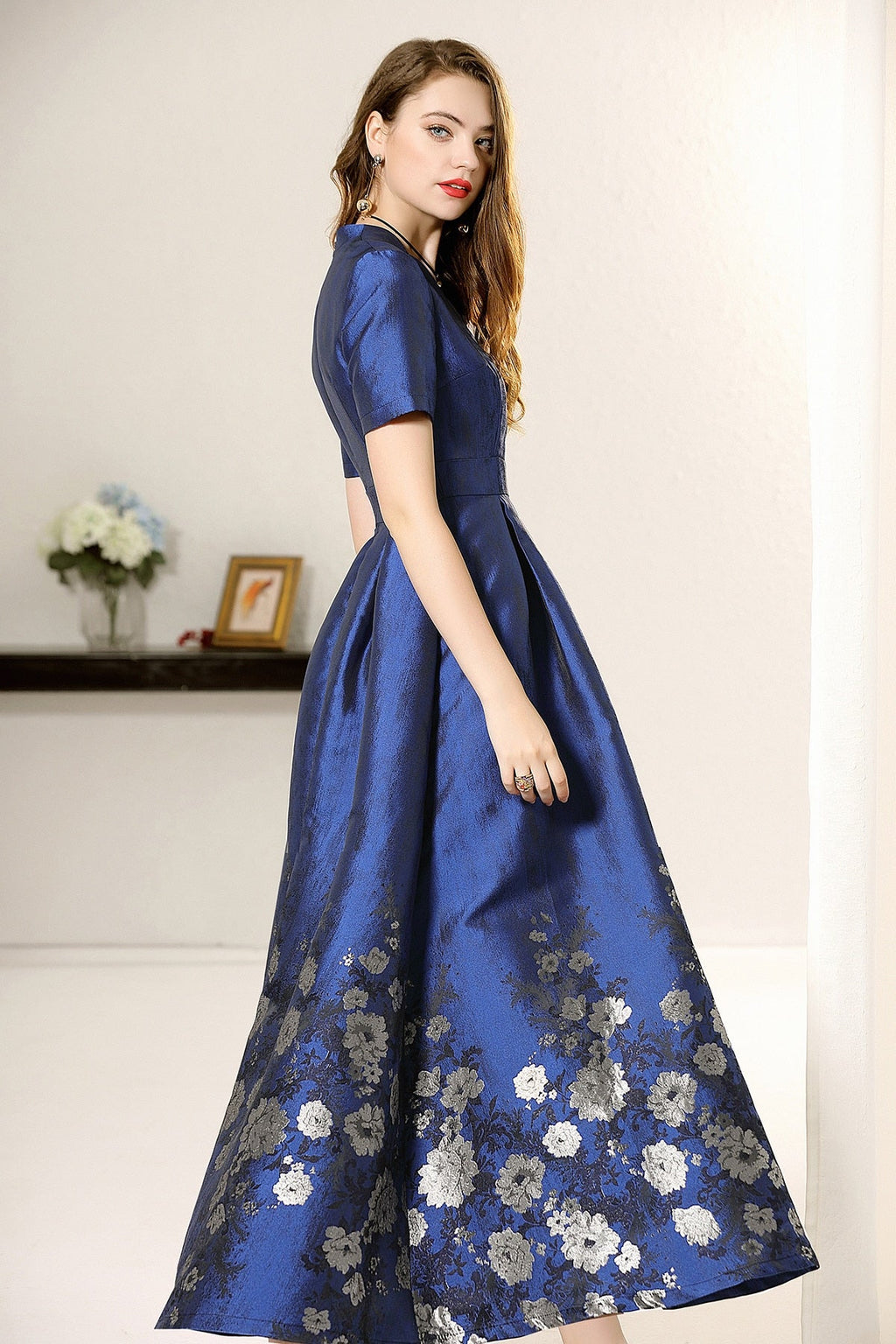 Blue short sleeves floral jacquard A-line mom dress-4