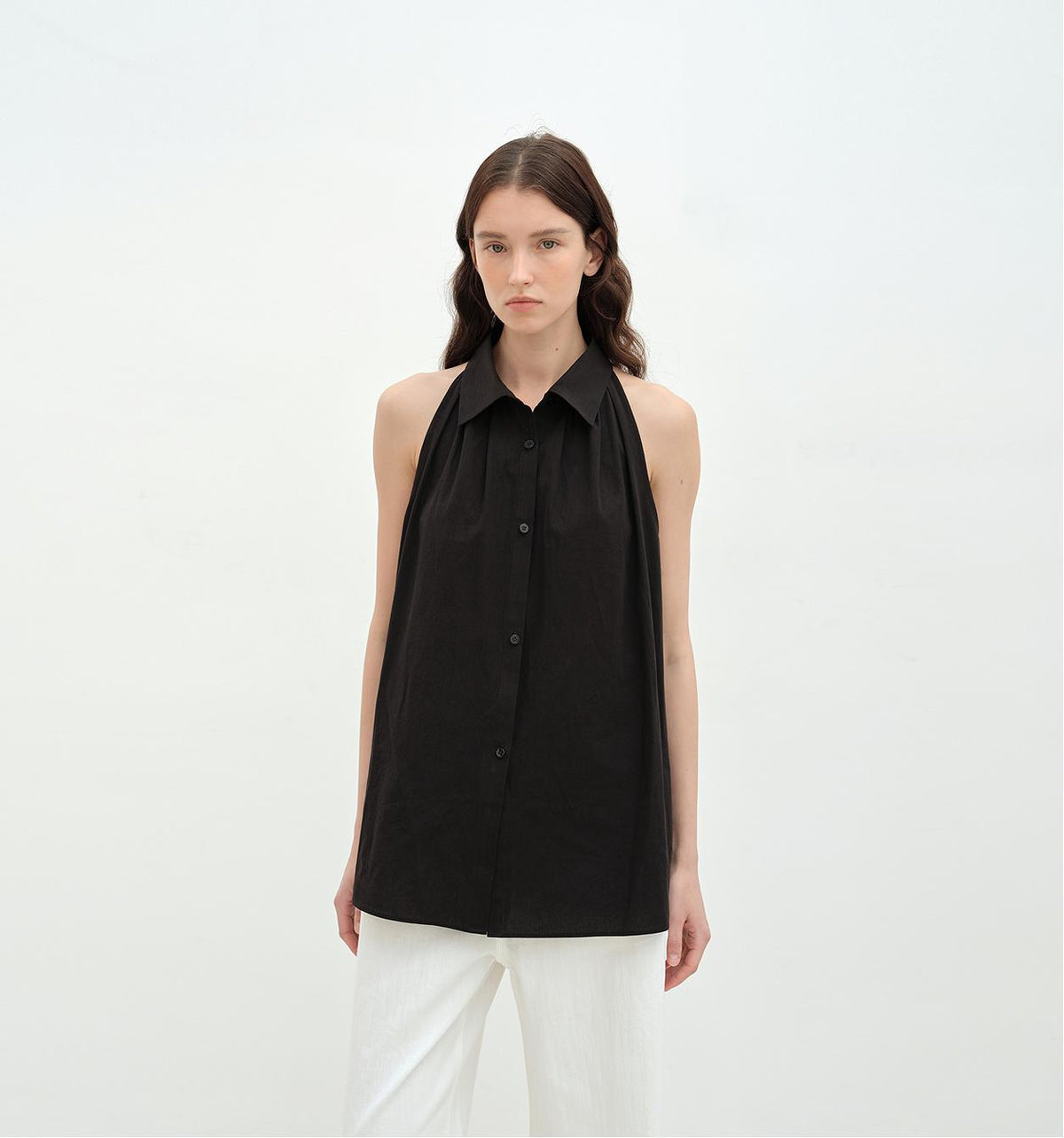 "Poland Island" imported pure cotton stand-up collar sleeveless striped shirt temperament top for women-5