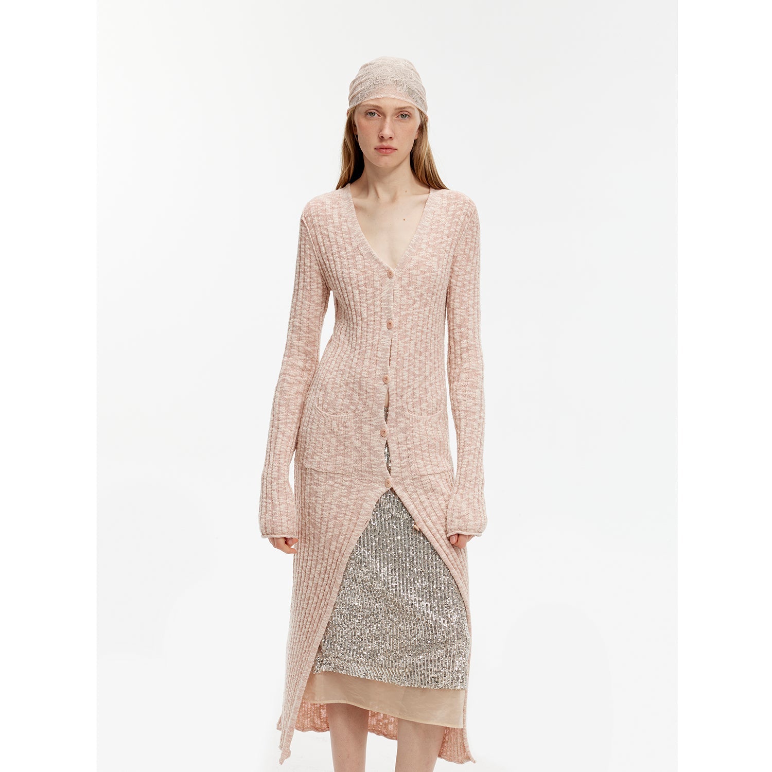 "Soft Spring Formula" Luxury brand same version cotton and linen fancy yarn knitted V-neck curling design straight long cardigan-0