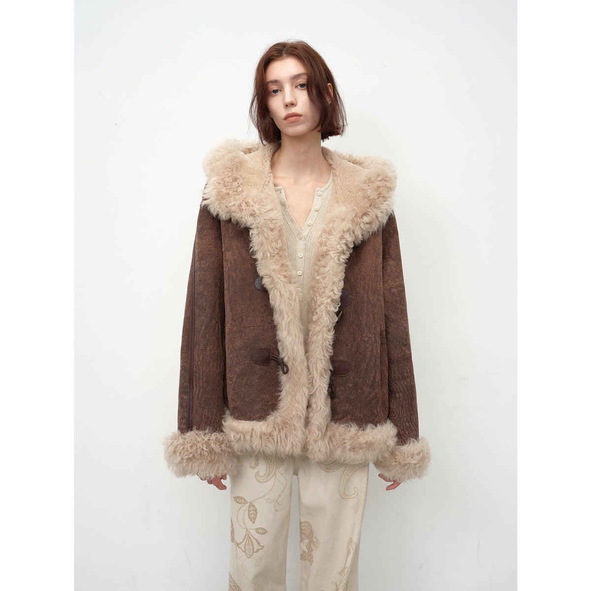 "Modern Weekend" Drop Shoulder Hooded Merino Wool Sheepskin Fur Coat Winter-6