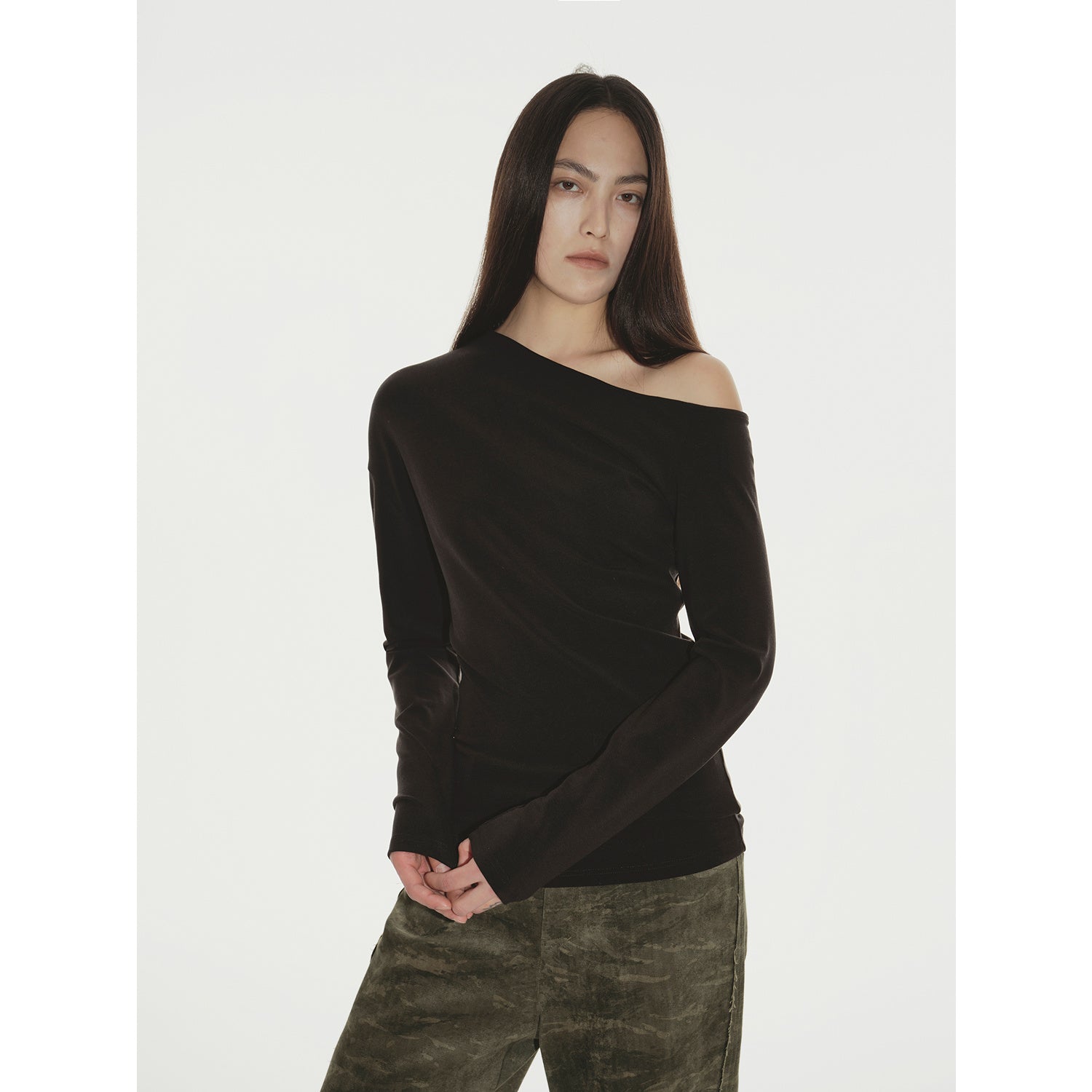 "Fashionable Street" Off-shoulder Slim Fit Lyocell Tencel Wool Long Sleeve T-shirt-1