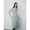 "Dreamy Ball" Lightweight and Breathable 100% Wool / U-neck Irregular Hem Long Dress for Women-4