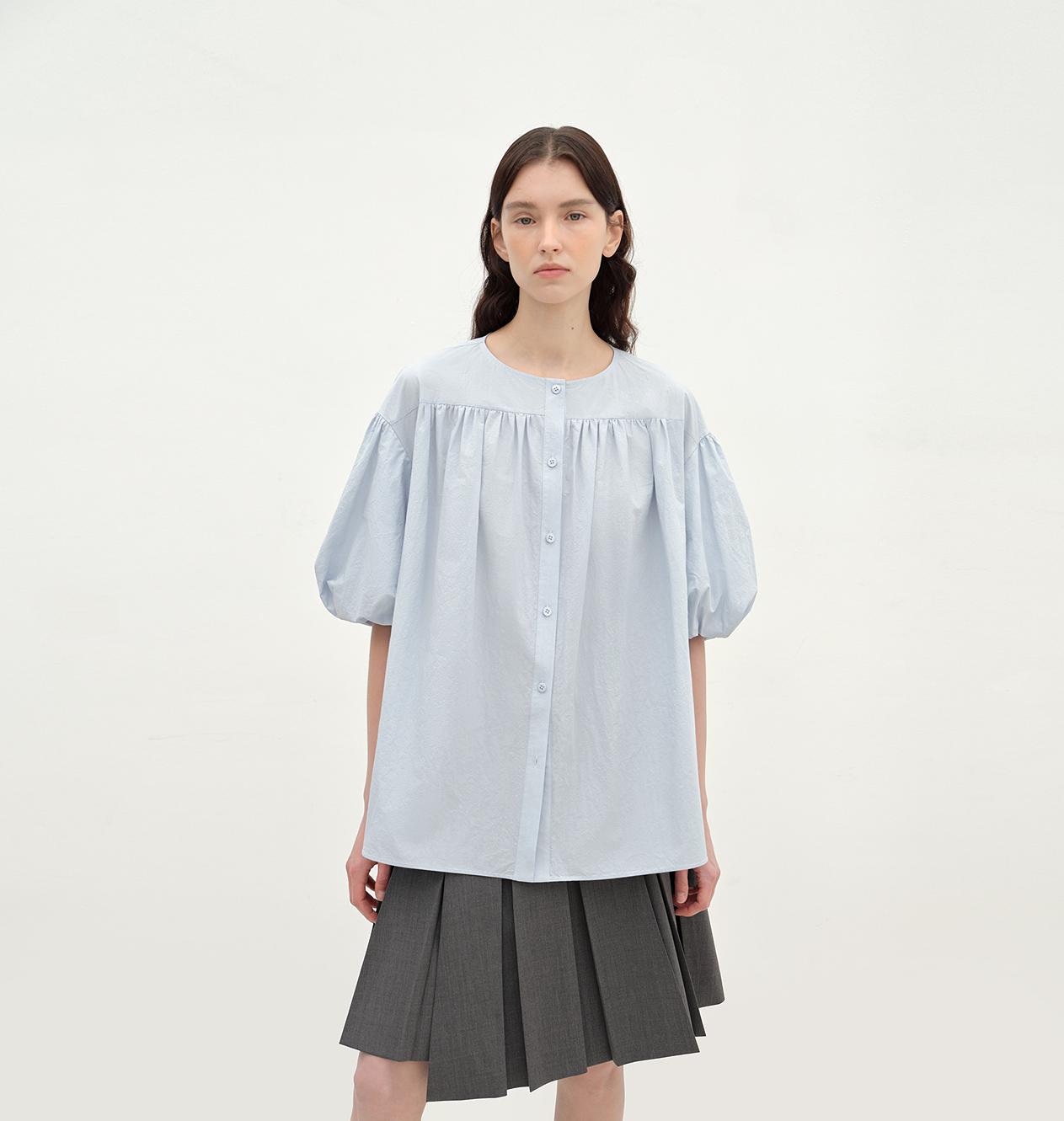 "Romantic Line Drawing" Pure Cotton Slightly Wrinkled Puff Sleeve Short Top for Women-5