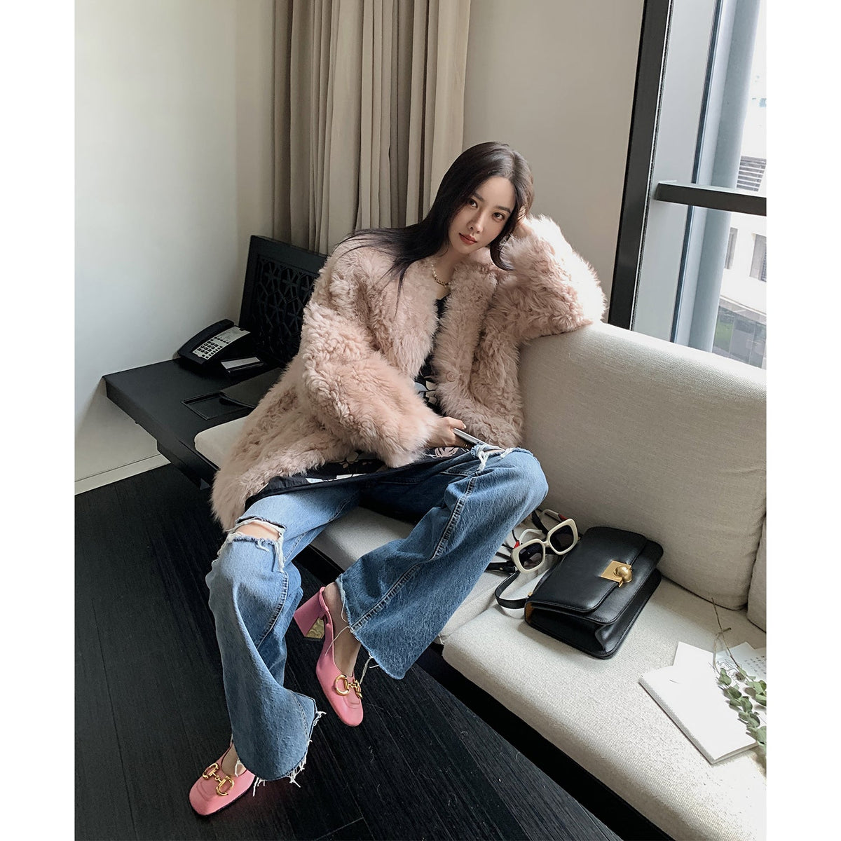Peach Oolong Tuscan Sheepskin Coat Winter-5