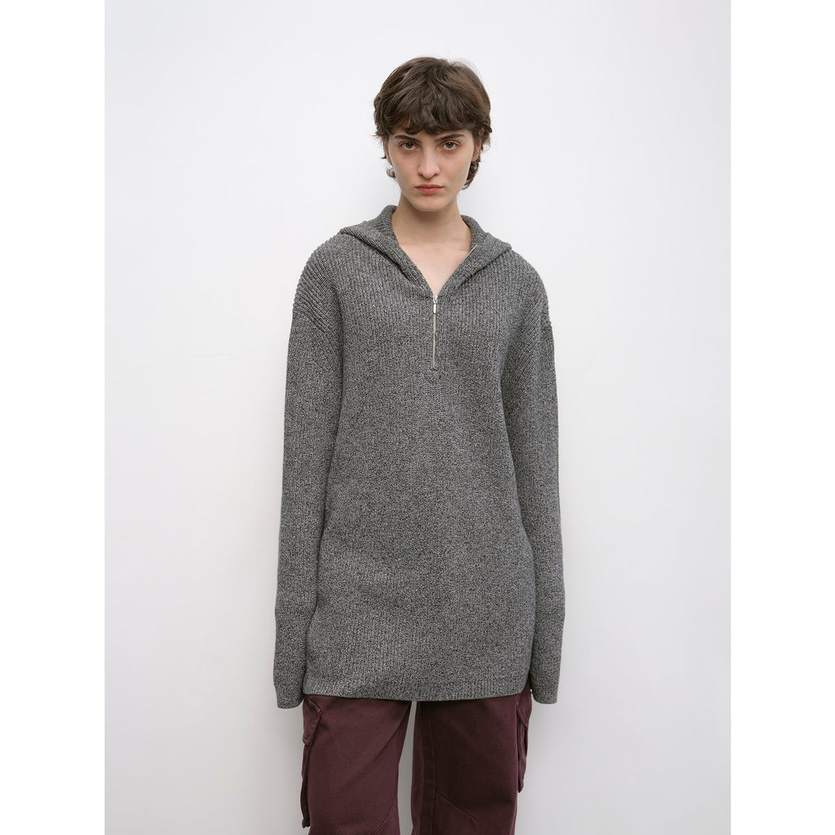 "Autumn Ticket" Simple and versatile Zhongding 30s wool blend hoodie zipper round neck sweater-5