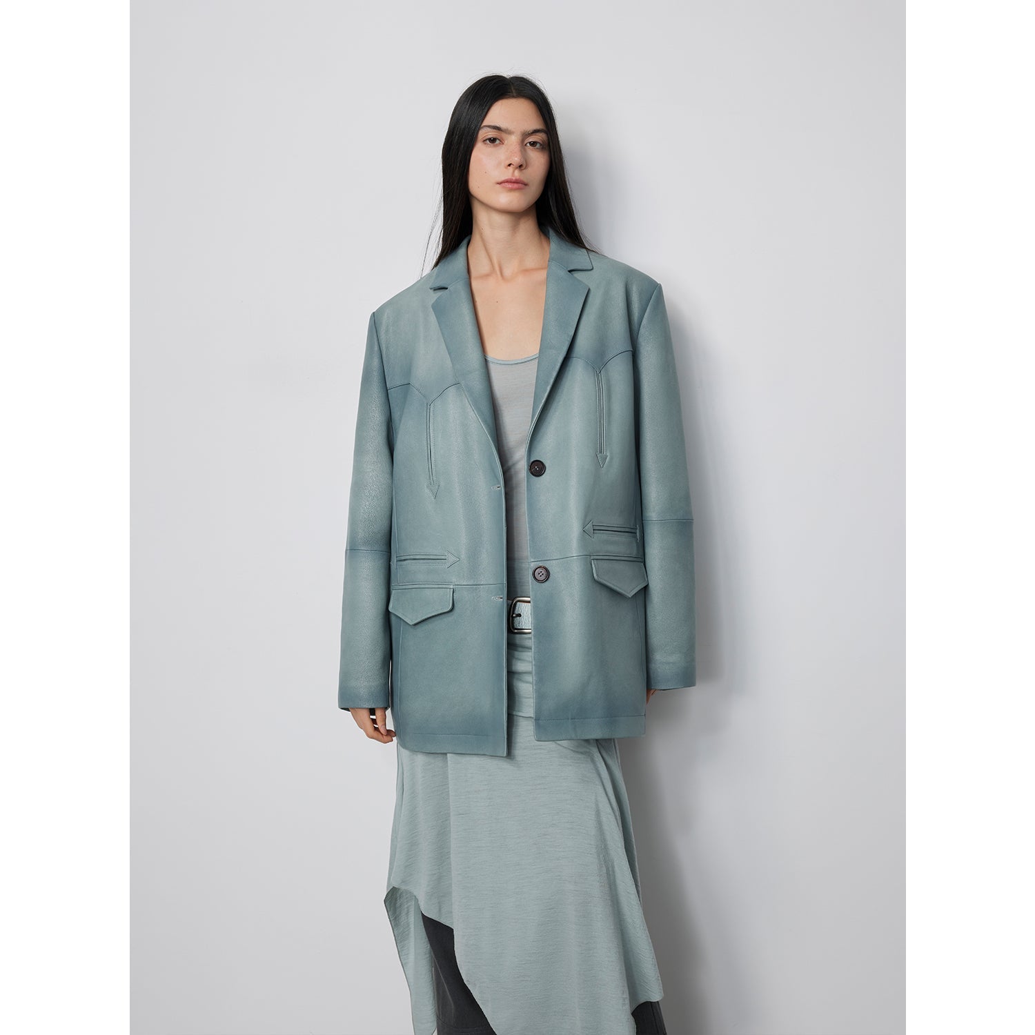 “Nostalgic Denim”Custom-Dyed Washed Spray-Color Goat Leather Genuine Leather Blazer for Women, Vintage-Finish Leather Jacket-0