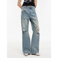 "Gray and Denim" stylish and personalized Turkish washed retro distressed holes straight flared jeans-5