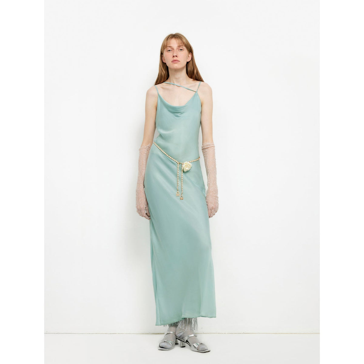"Island Riddle" Glossy copper-ammonia silk satin light luxury swing collar slim fishtail suspender dress-4