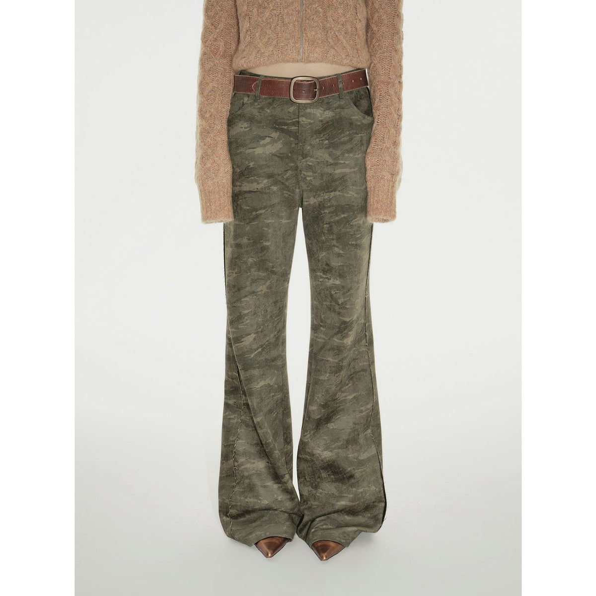 "Green Camouflage"Fashionable and versatile camouflage print chenille suede slim bootcut casual pants-1