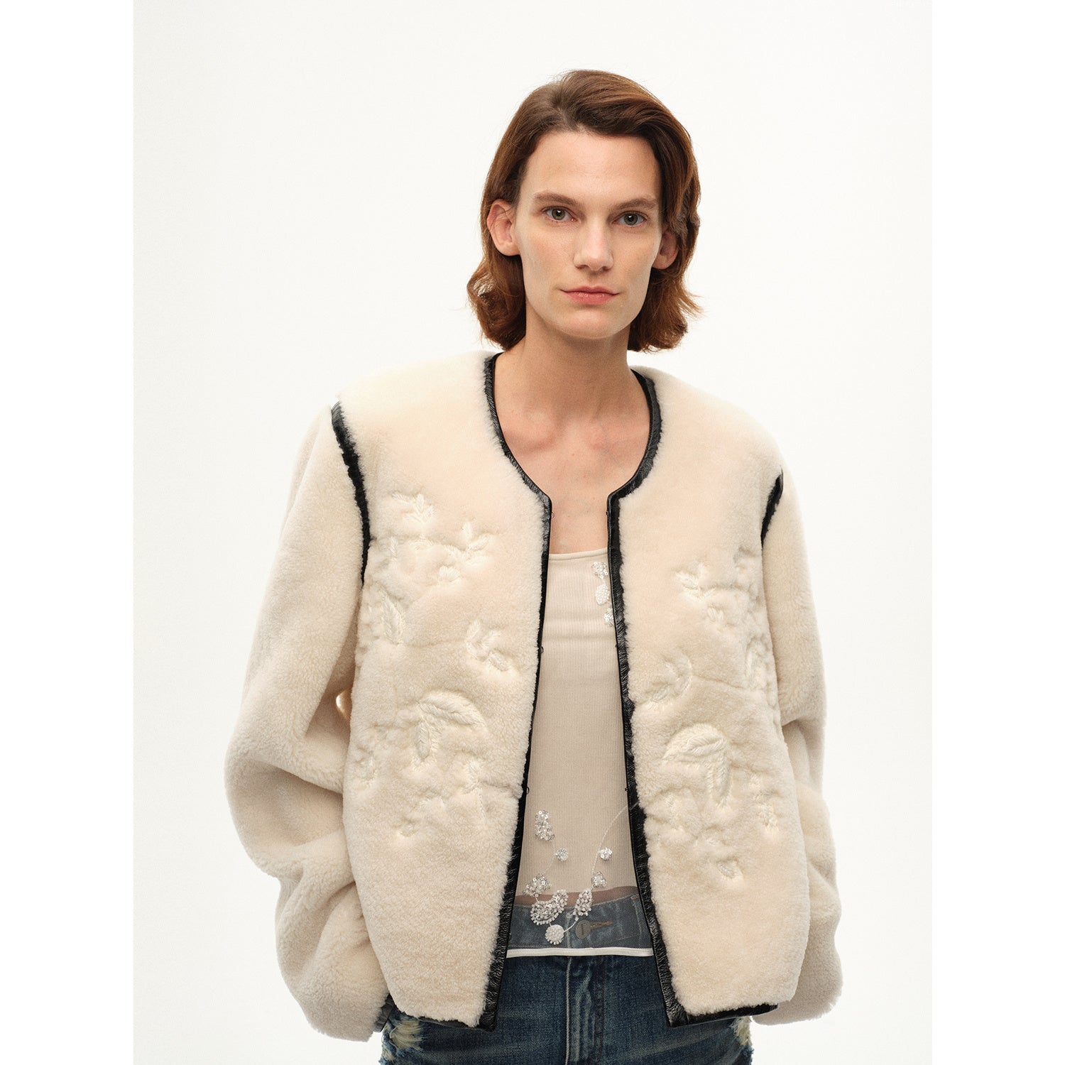 "FF×JW Muse Project" embroidered round neck short merino wool sheepskin fur coat-5