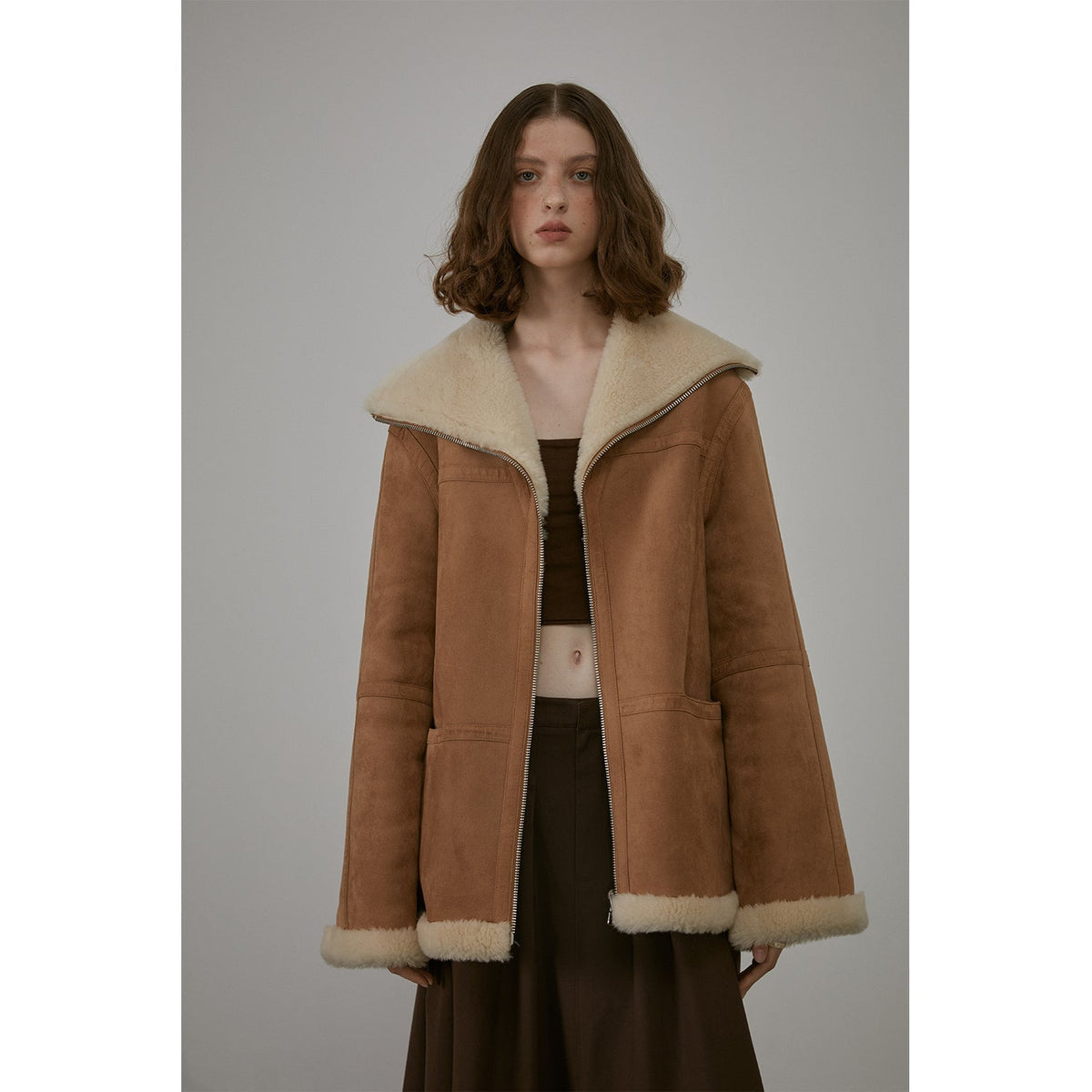 “August Night”Wool Artificial Compound Leather Reversible Shearling Jacket-1