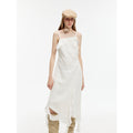 "Summer Whisper" Sand-washed Linen Sling Ruffled Irregular Fit Sling Dress-0
