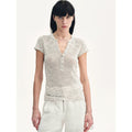 "Minimalist Light Gap" Cotton and Linen Blend Sequined Henley Neck Short Sleeve T-Shirt-1