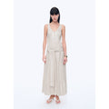 "Milan Holiday" Silver Striped Linen V-Neck Drape Dress-5