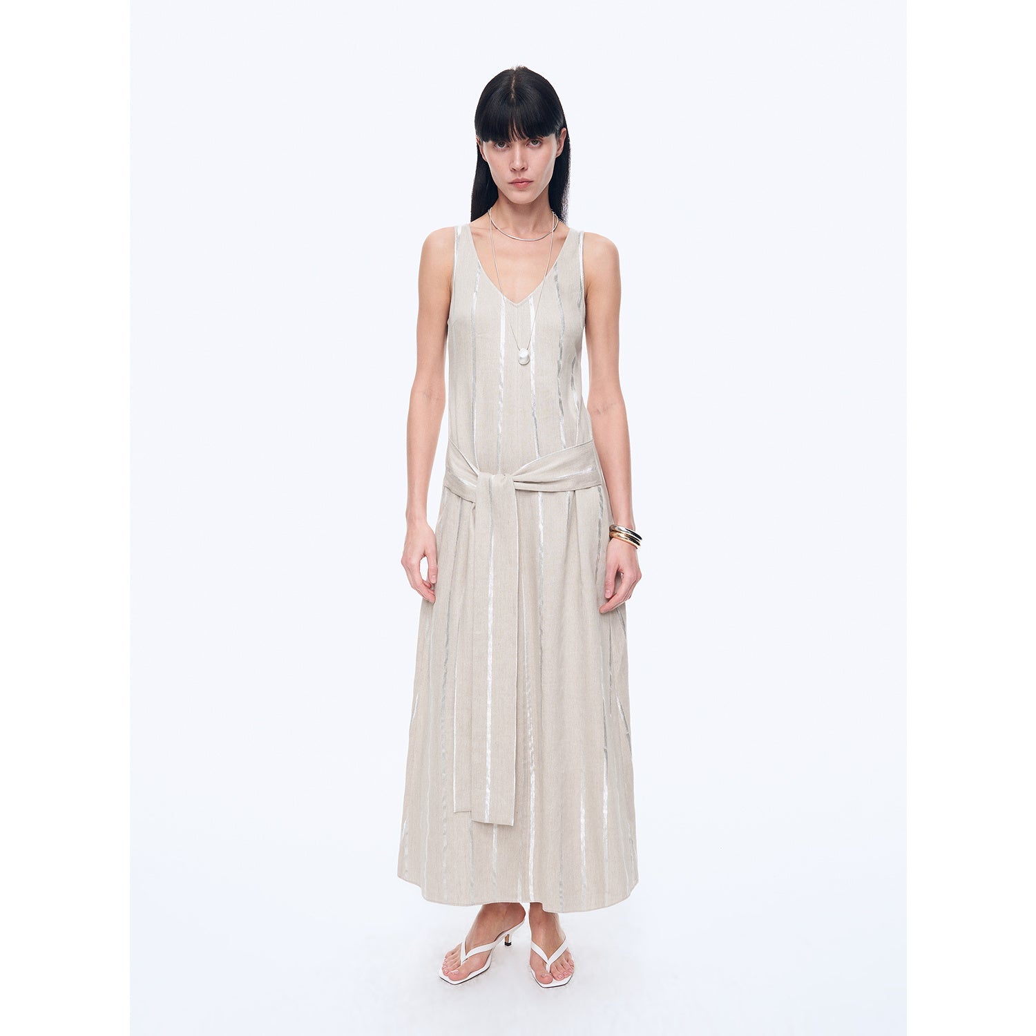 "Milan Holiday" Silver Striped Linen V-Neck Drape Dress-5