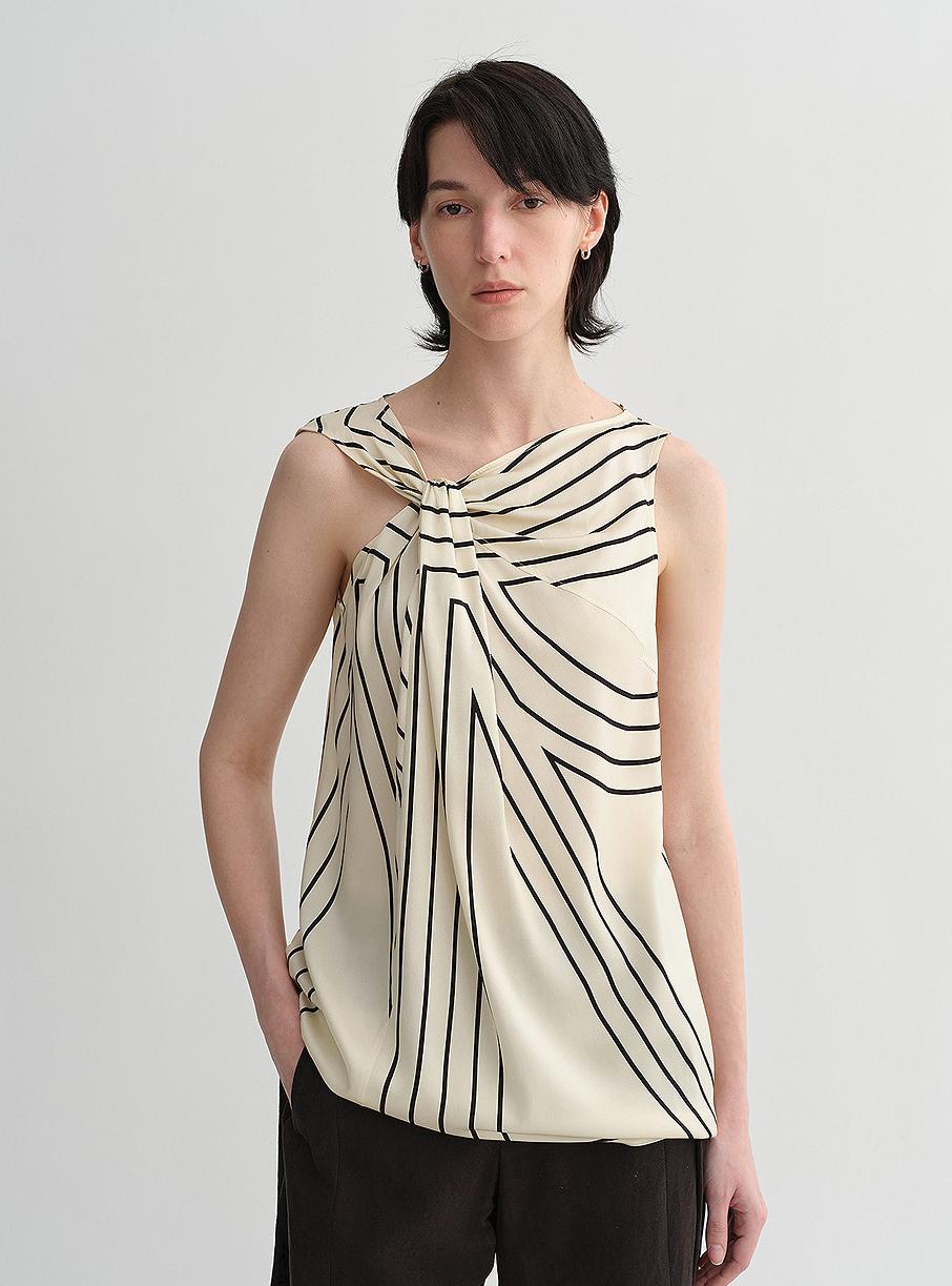 Elastic silk twisted collar original geometric print slim fit multi-occasion T-shirt sleeveless vest for women-5