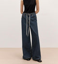 "Retro Blues" fashionable high waist pleated design washed casual wide leg jeans for women-1