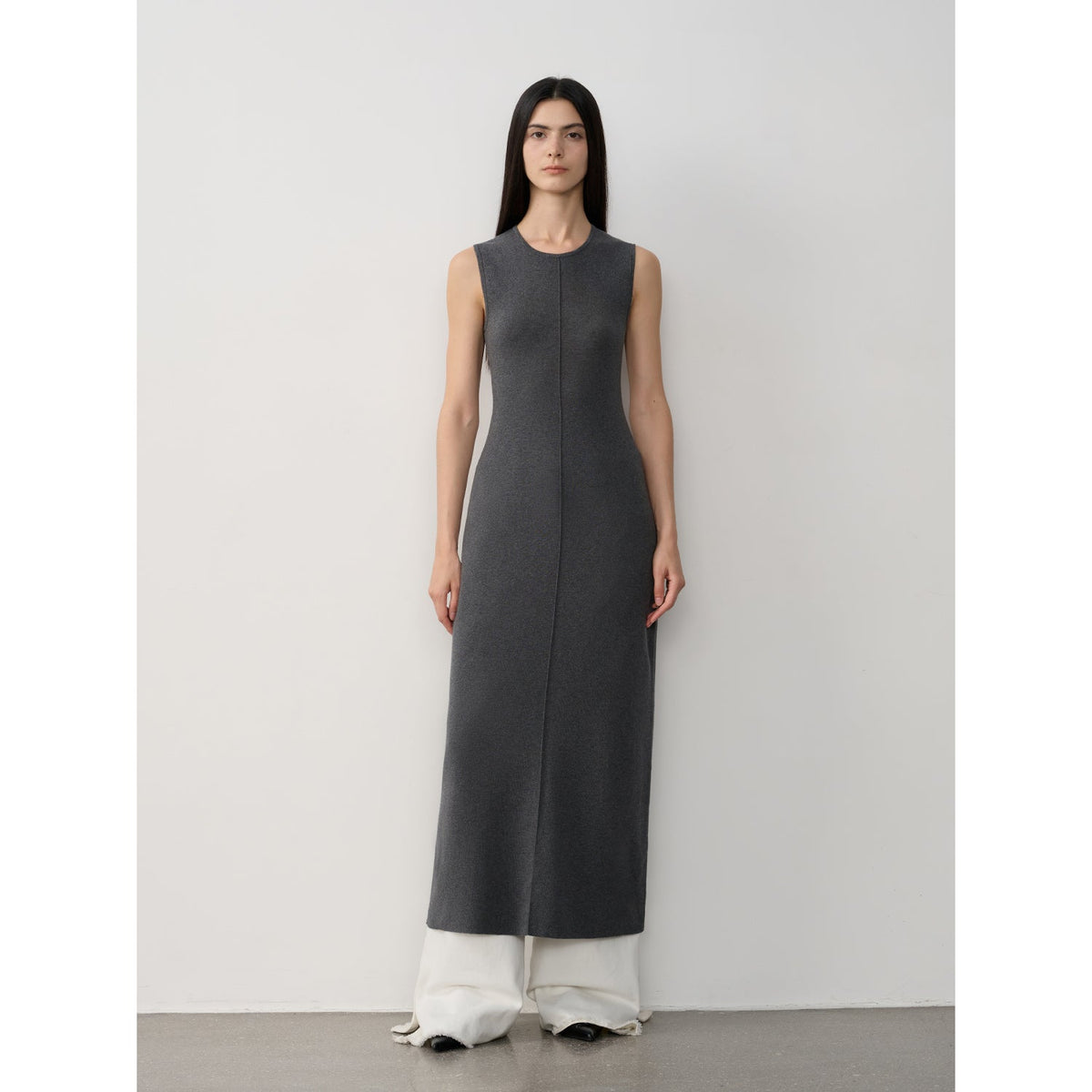 "Island Letters" Limited Edition Baslan Merino Wool Extra Long Sleeveless Lazy Knit Dress-5