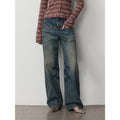 Vintage Heavy Wash Distressed Marble Pattern V-Shaped Segmented Slimming Textured Straight-Leg Denim Trousers-1
