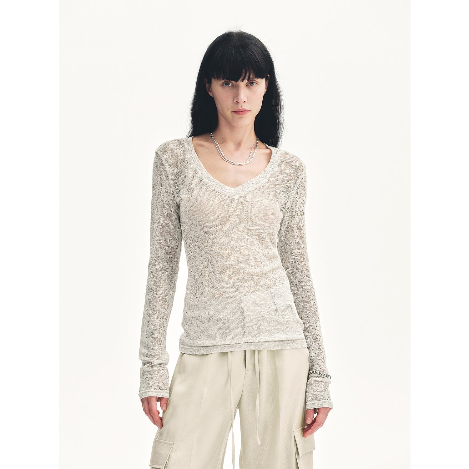 "Spring Old Dream" Loose and versatile slightly hollow V-neck straight shoulder top-2
