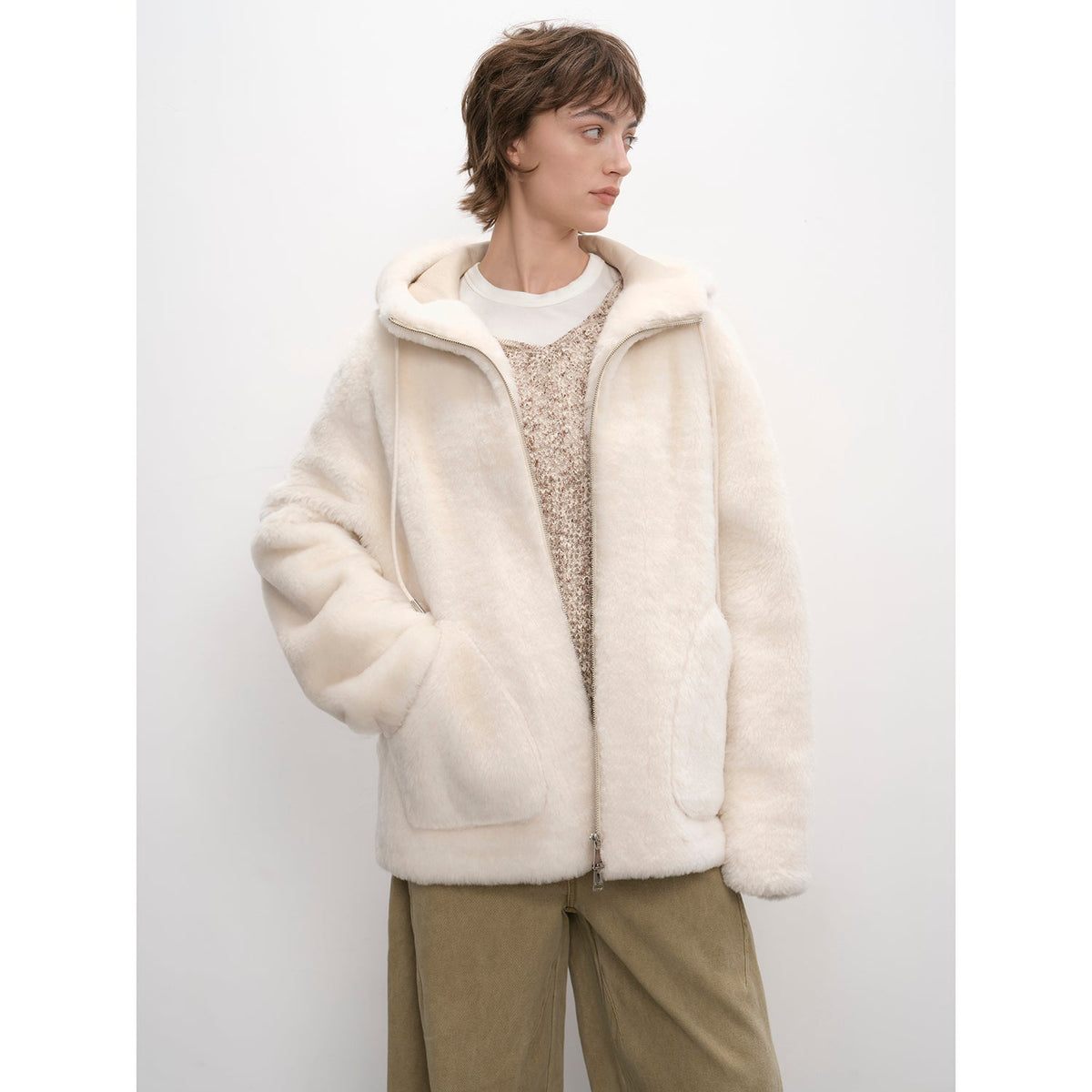 "Otaru Snow" casual hooded silhouette dropped shoulder merino wool sheepskin fur coat for women-5