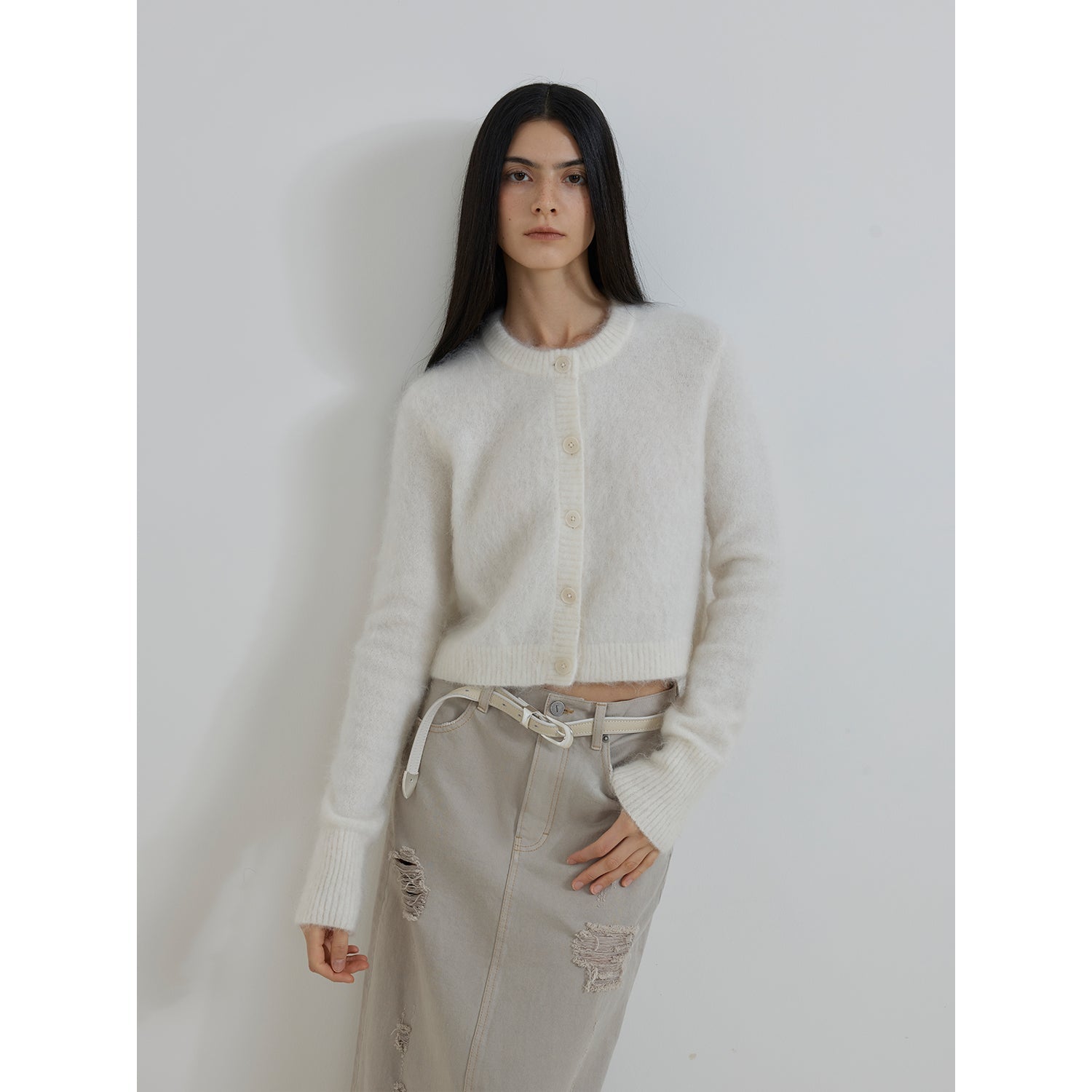 "Relaxation Notes" High-Proportion Mohair Knit Cardigan Women's Loose Short Round Neck Sweater Jacket-4