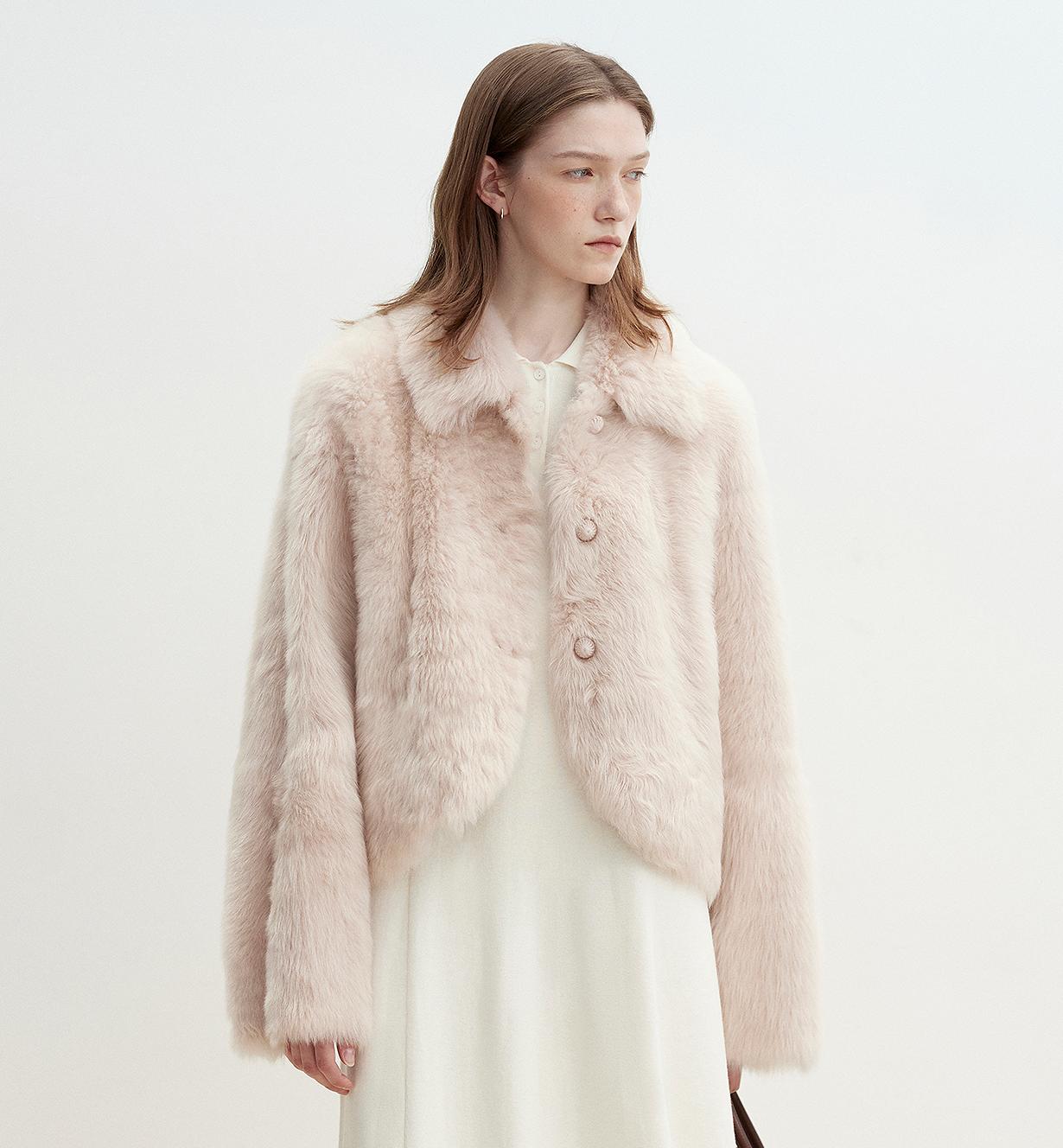 "Autumn Secret" Pink Lapel Tuscan Straight Fur Sheepskin Short Jacket-3