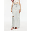 "Walden Pond" Turkish Imported Wash-faded Distressed Hole Denim A-line Skirt-1