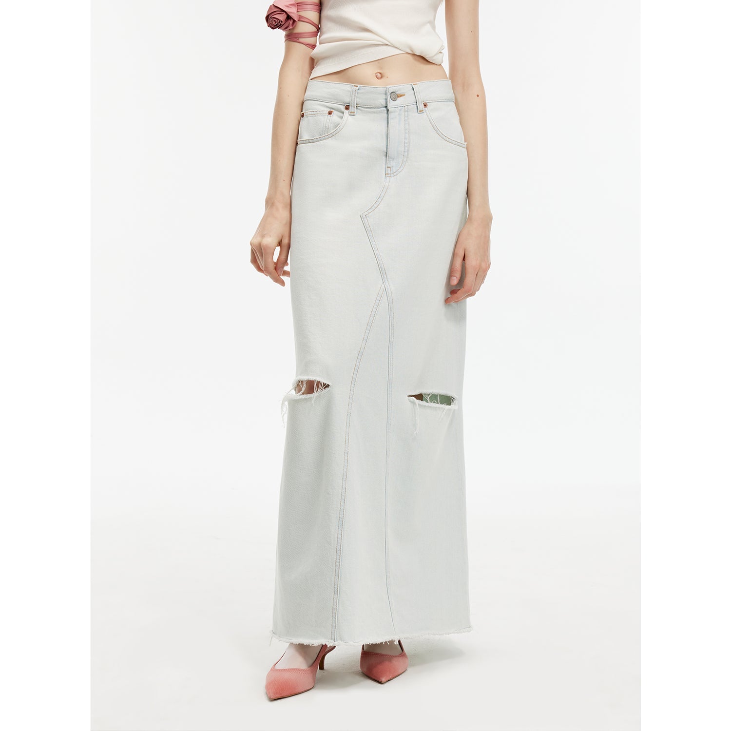 "Walden Pond" Turkish Imported Wash-faded Distressed Hole Denim A-line Skirt-1