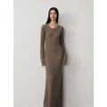 Wool looped yarn raw edge ripped and drapey long dress with a slim fit-4