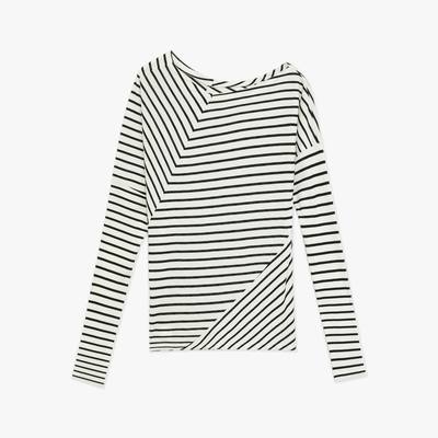 "Picasso Lines" fashionable off-shoulder Lyocell Tencel wool blended draped patchwork striped T-shirt-5