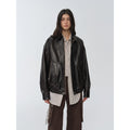 "New York International Student" Retro and fashionable imported waxed  leather bomber jacket-0