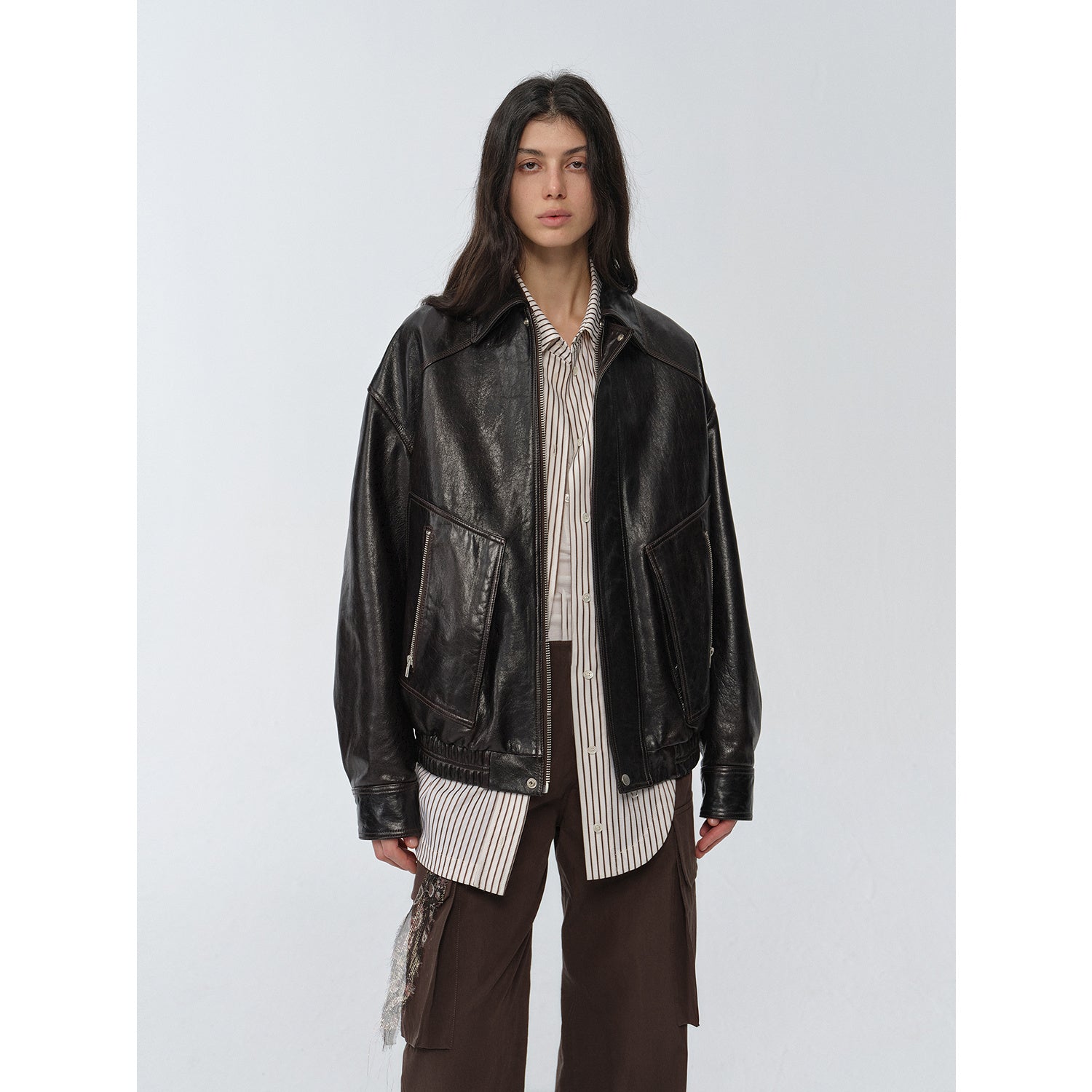"New York International Student" Retro and fashionable imported waxed  leather bomber jacket-0