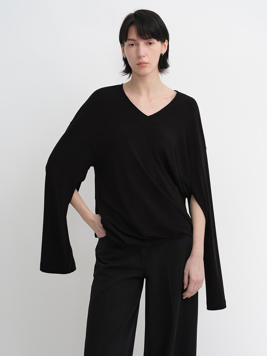 Machine washable Tencel wool V-neck two-wear elastic hem T-shirt bottoming shirt-1