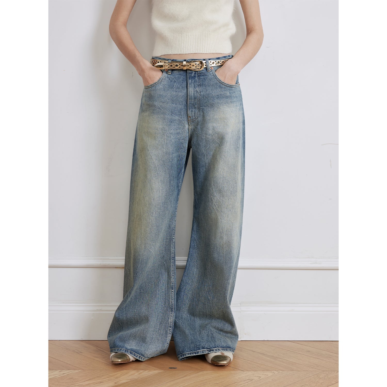 "Magic Dream" Retro Modern Washed Chicken Claw Wrinkled Jeans Women's Spacious Straight Wide Leg Pants-1