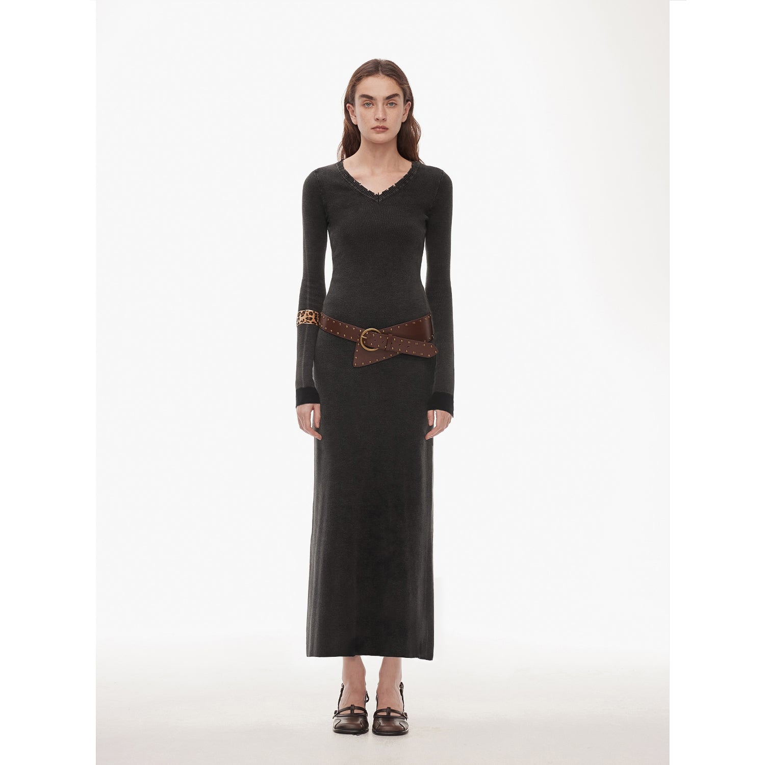 "Kalle Morning" fashionable fermented washed distressed raw edge V-neck waist dress for women-1