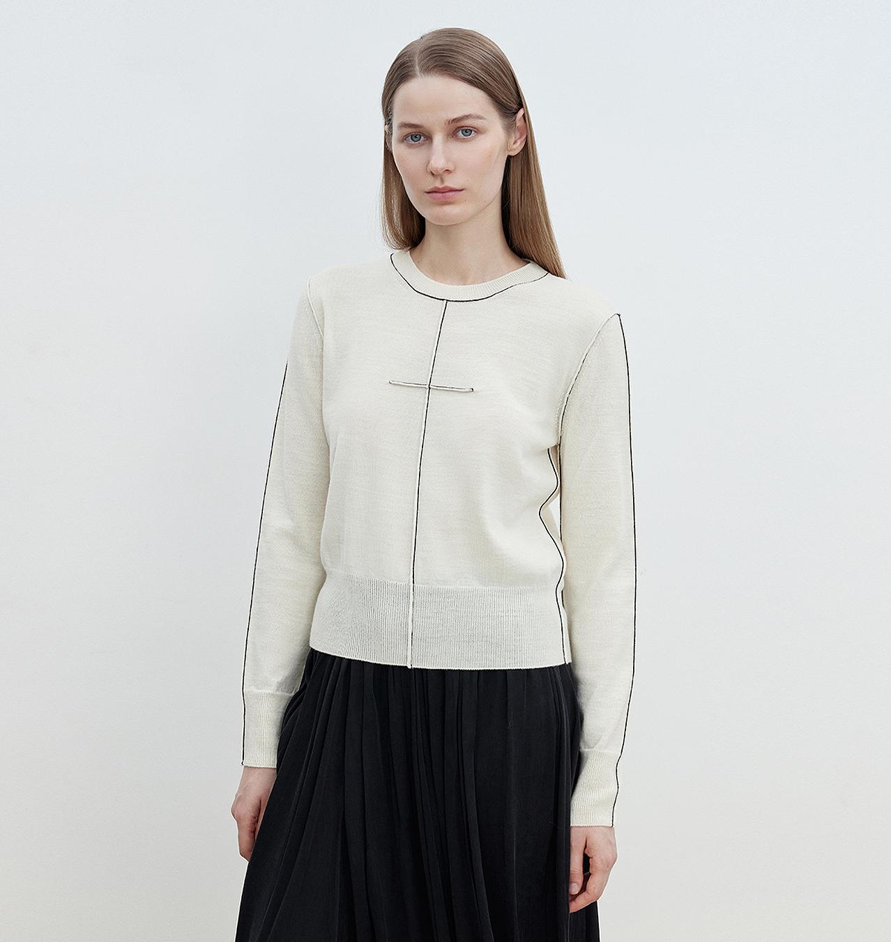 “Imbell"Imported Yangtze 30NM Contrast Stitch Wool Knit Skin-Friendly Short Top-4