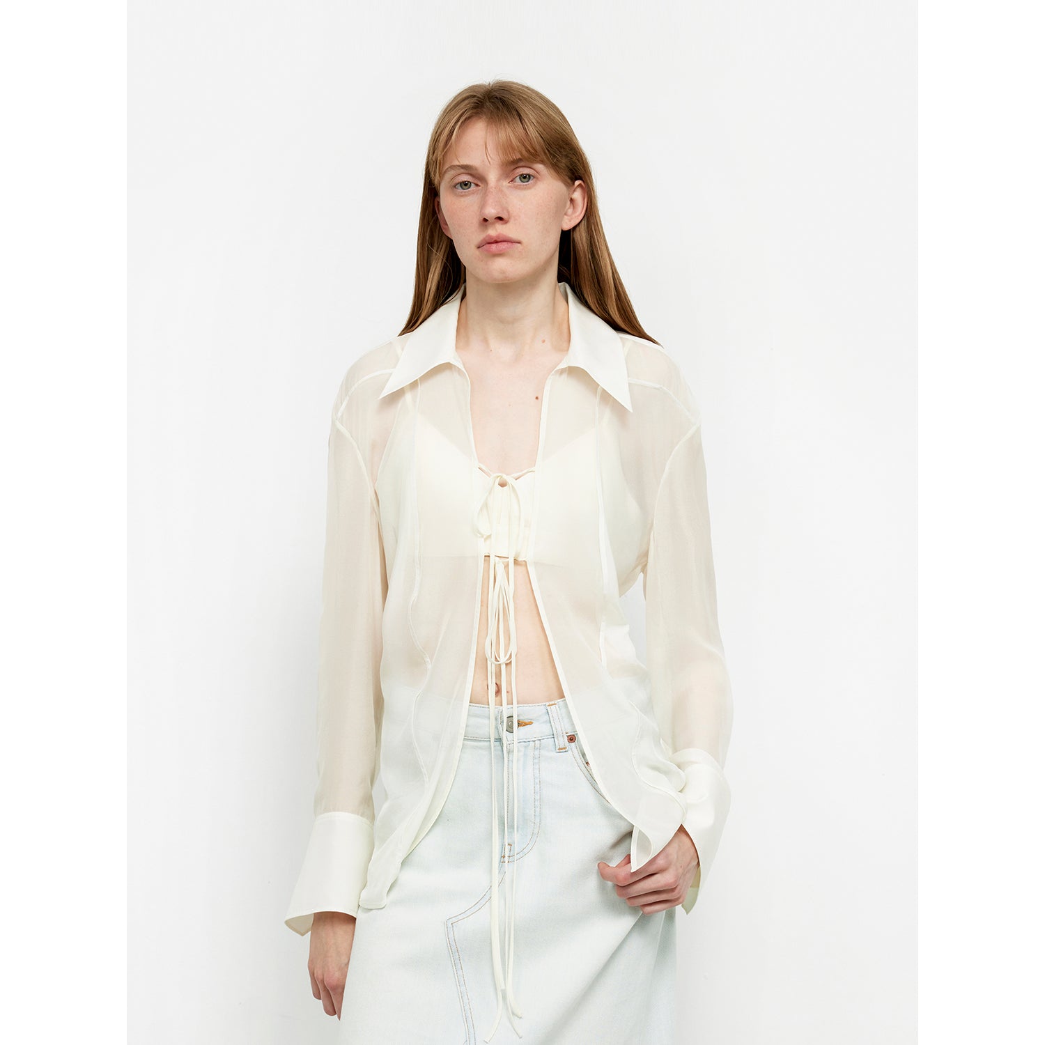 "Hazy Moonlight" Silk Chiffon Light and Hazy Feeling Cool Drape Lace-up Sun Protection Shirt Summer-0