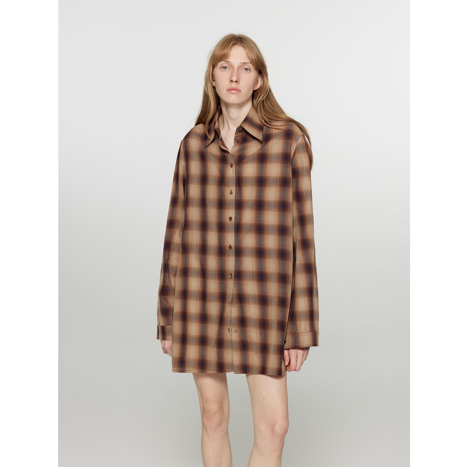 "Tea Grid" high-quality high-count cotton loose retro plaid shirt-5