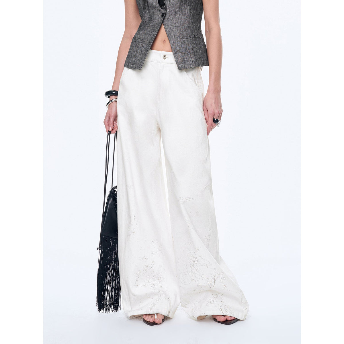 "Simple White Draft" Hand-painted Printed Slightly A Straight Jeans-5
