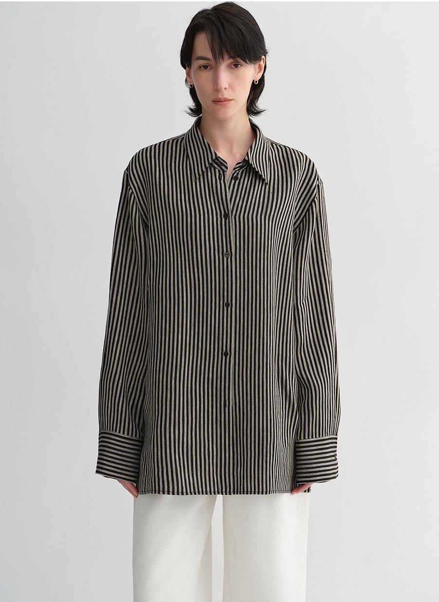 100% linen classic silhouette pinstripe lapel wide breathable long sleeve spring and summer shirt for women-0