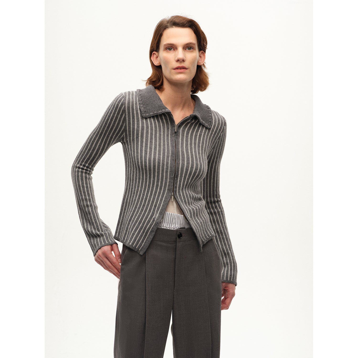 [FF×JW joint striped fabric] Slim-fitting crocheted lapel color-blocked striped comfortable wool knitted cardigan-1