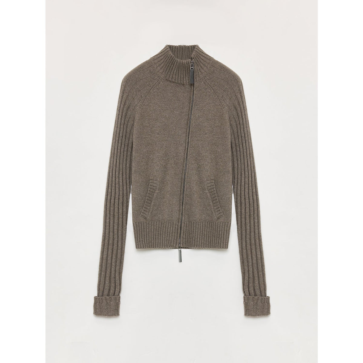 "Senna Melody" oblique placket fine merino wool and cotton blend zipper knitted cardigan top for women-7