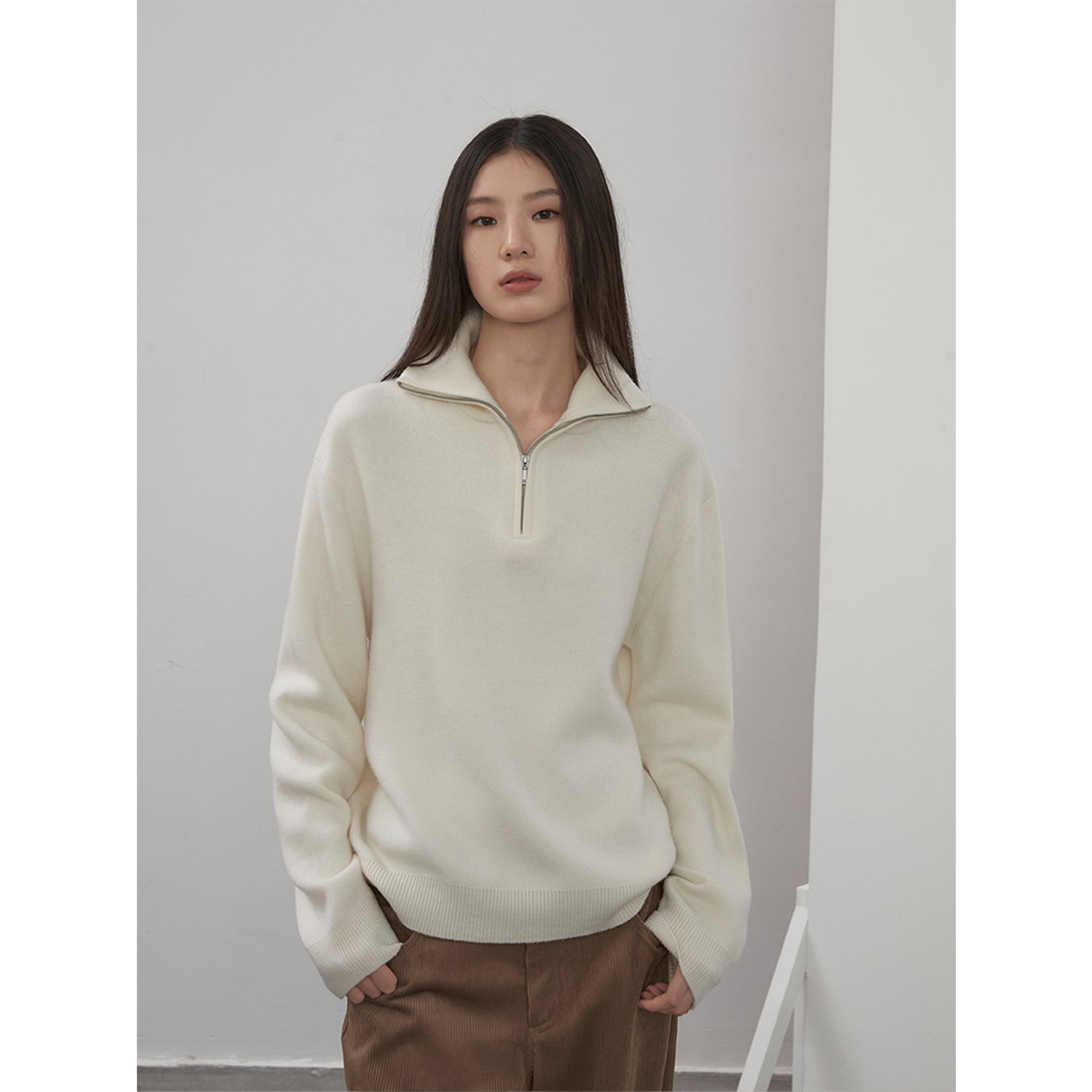 "Moonlight Farm" Merino wool lazy loose pullover sweater women's zipper turtleneck sweater-1