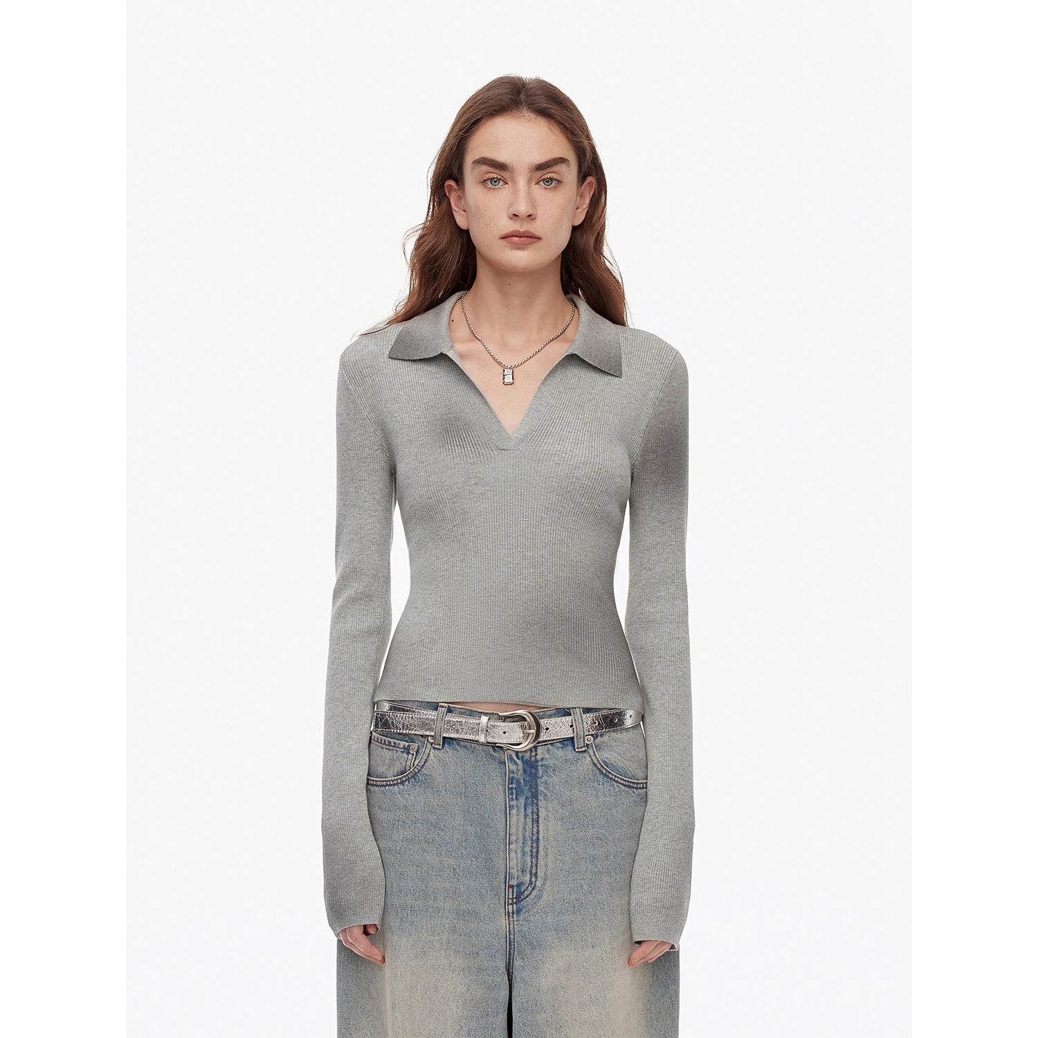 "Artistic Abstract" sfumato distressed printed merino wool waisted polo collar long sleeve short knit sweater-1