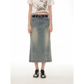 "Dawn Denim" retro old enzyme washed mid-low waist slim fishtail flared slim denim skirt-1