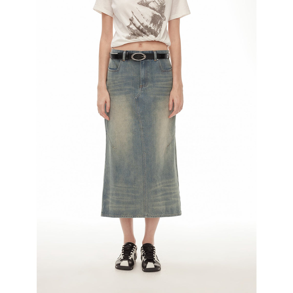 "Dawn Denim" retro old enzyme washed mid-low waist slim fishtail flared slim denim skirt-1