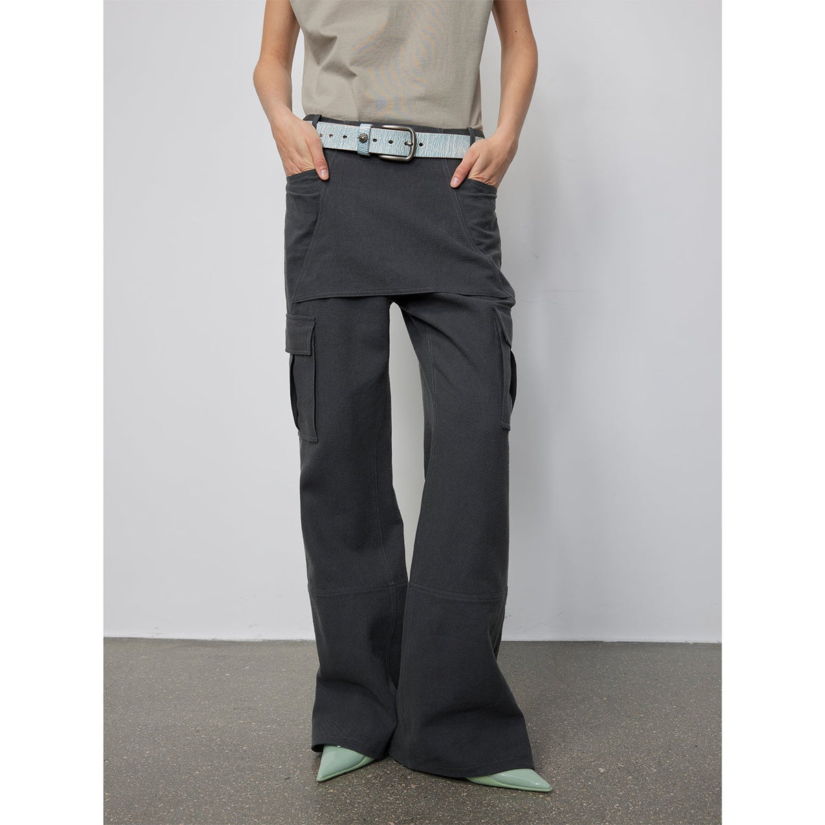 "Free to run away" miu style fake two-piece workwear micro-flared casual pants low-waist slim zipper trousers for women-5