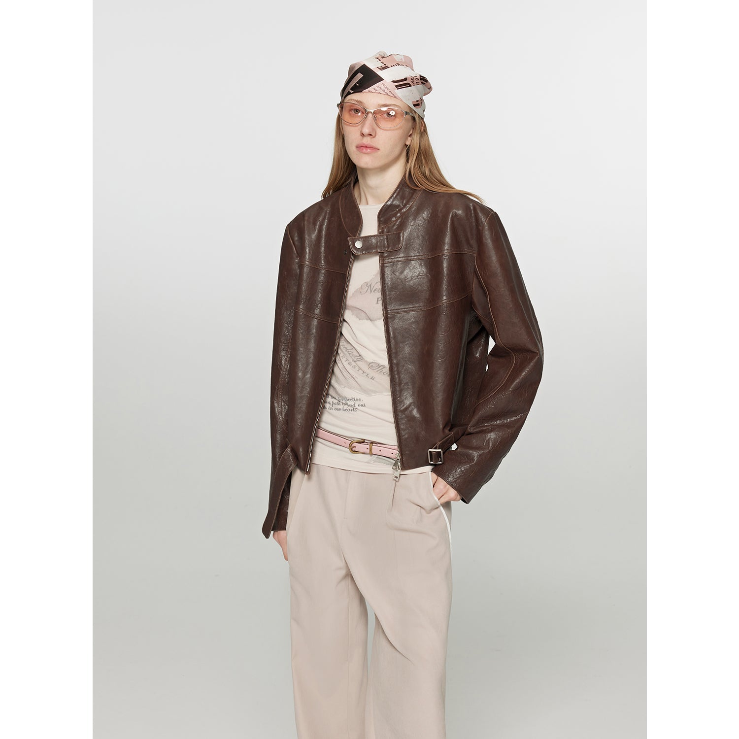 Caramel Mountain Retro Leather Stand Collar Short Motorcycle Jacket-1