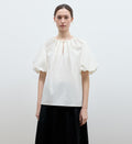 "Iceland Diary" neckline pleated design round neck tie puff sleeve short sleeve shirt for women-1